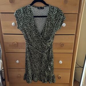 Olive Green Floral Wrap Dress with White Blossoms
